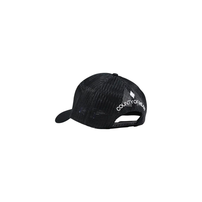 Black mesh trucker hat with white embroidered county of meath text and logo on the back in cotton blend material