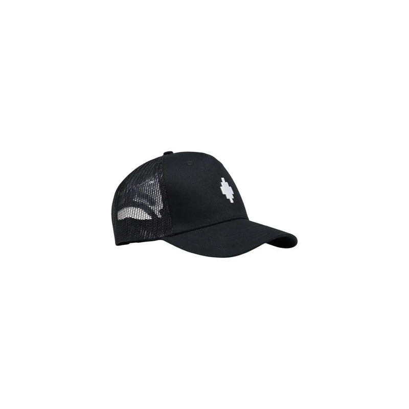 Black county of milan cotton blend trucker-style baseball cap with white embroidered logo on the front