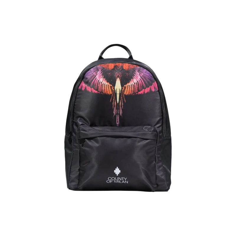County of Milan men black nylon rucksack featuring a vibrant colorful winged angel graphic and embroidered logo on front