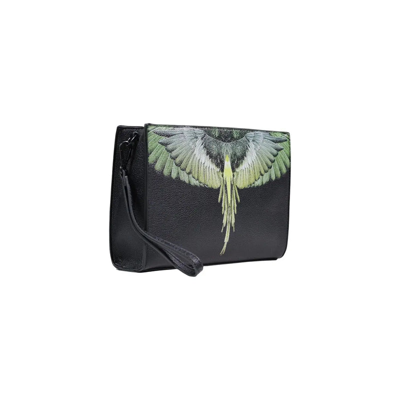 County of Milan men black faux leather clutch with detailed green and white winged parrot design 26x19x7 cm