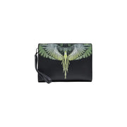 County of Milan men black faux leather clutch bag with detailed green and white wing design 26x19x7 cm