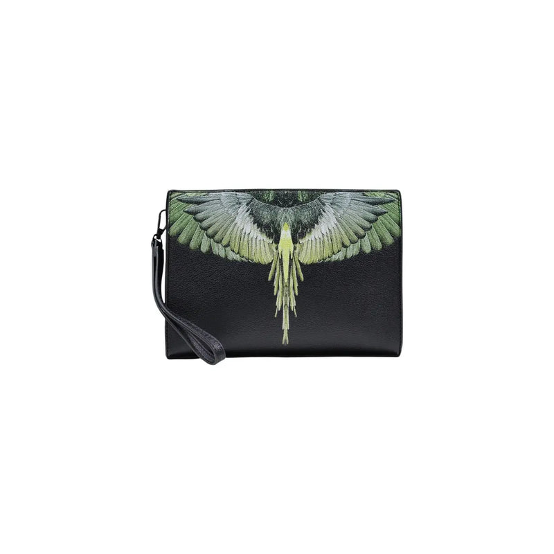 County of Milan men black faux leather clutch bag with detailed green and white wing design 26x19x7 cm