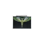County of Milan men black faux leather clutch with detailed green and white winged bird design and wrist strap 30x20