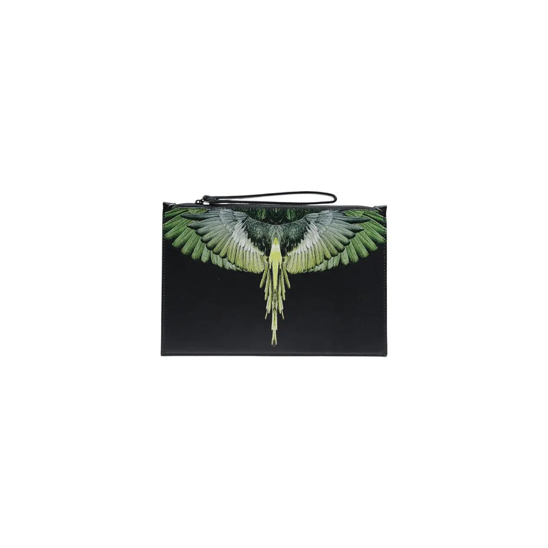 County of Milan men black faux leather clutch with detailed green and white winged bird design and wrist strap 30x20