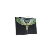 County of Milan men black faux leather clutch with vibrant green and white winged bird design and black zipper pull