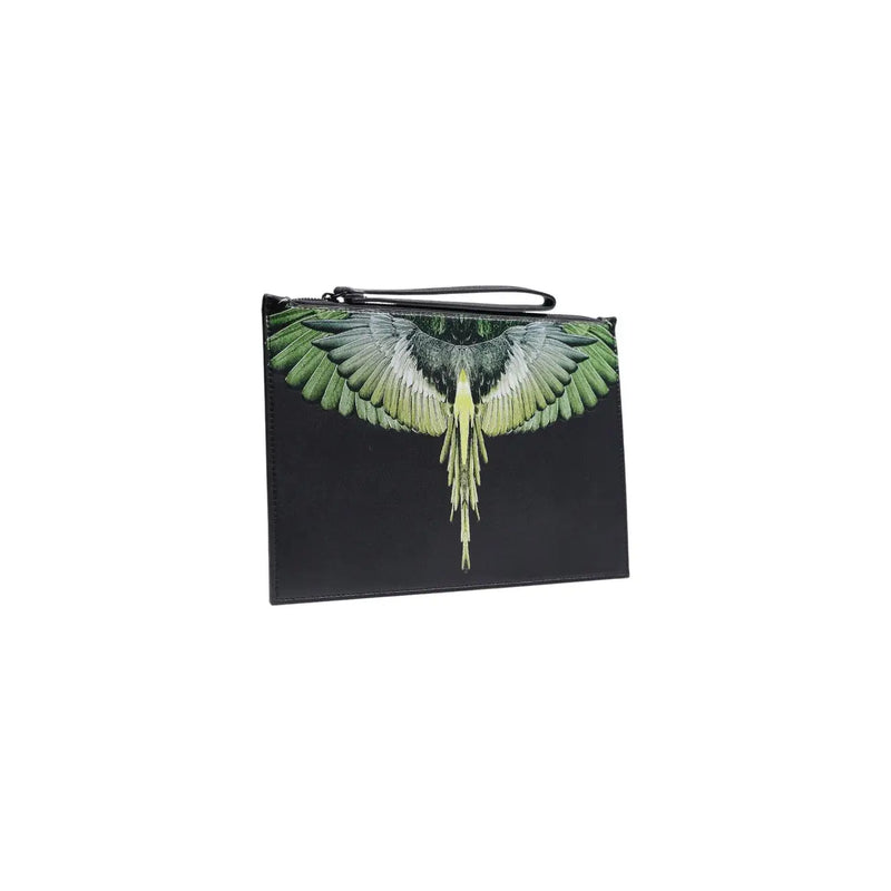 County of Milan men black faux leather clutch with vibrant green and white winged bird design and black zipper pull