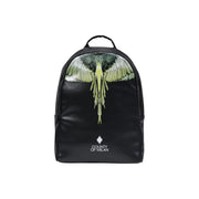 Black leather backpack with vibrant green and white winged bird design and county of milan logo at the bottom