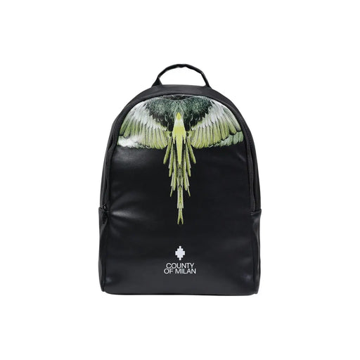 Schwarzer Lederrucksack mit leuchtend grünem und weißem geflügeltem Vogelmotiv und dem Logo des Landkreises Mailand am Boden