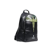 Black faux leather backpack with green and white wing design and county of milan branding on the front panel