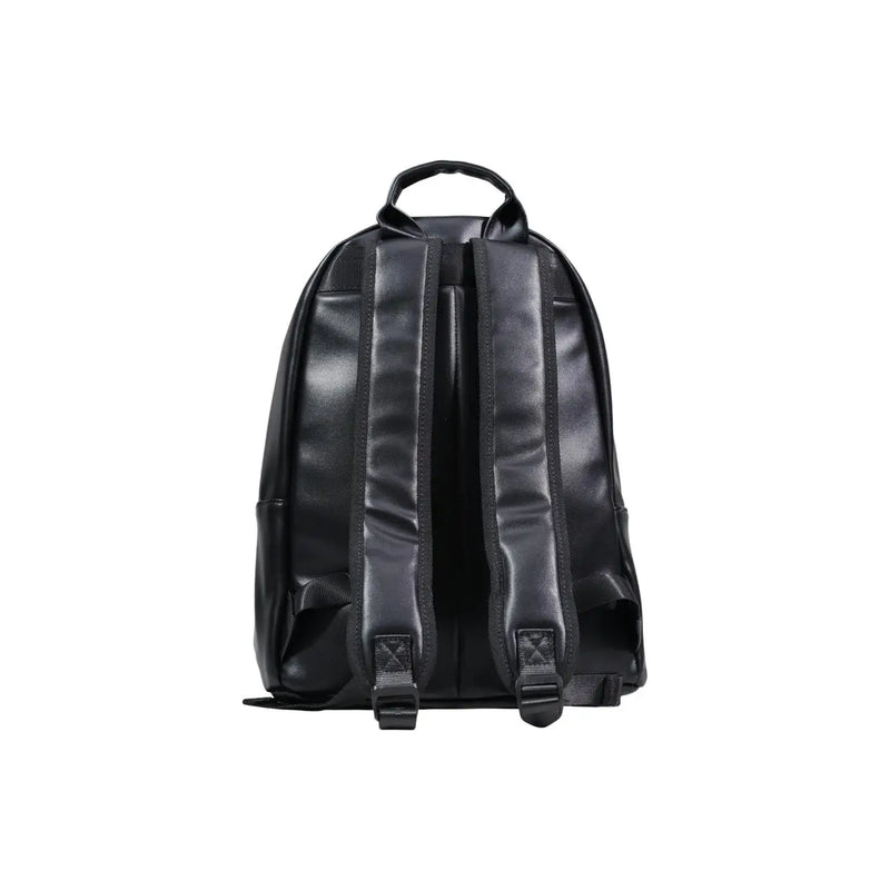 County of Milan men black print faux leather rucksack with adjustable shoulder straps and top handle shown from back side