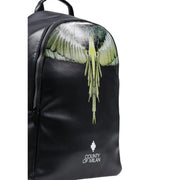 Black leather faux leather backpack with green and silver wing design and county of milan logo embroidered below