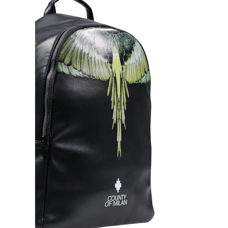 Black leather faux leather backpack with green and silver wing design and county of milan logo embroidered below