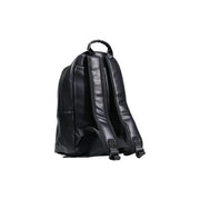County of Milan men black print faux leather rucksack with adjustable straps and top handle shown from the back side
