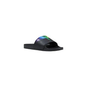 County of Milan men black synthetic slide sandal with vibrant iridescent blue and green wing graphic on strap
