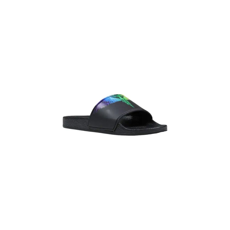 County of Milan men black synthetic slide sandal with vibrant iridescent blue and green wing graphic on strap