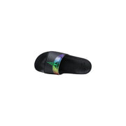 County of Milan men black synthetic slippers with vibrant iridescent rainbow feather design on slide sandal strap