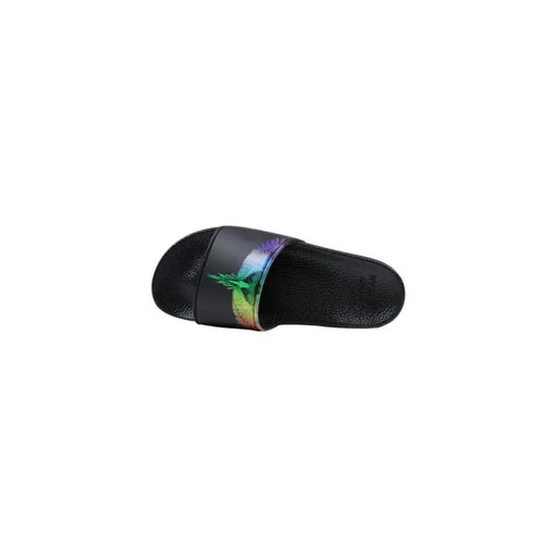 Schwarze Herren-Slipper von County of Milan aus Synthetik mit leuchtend schimmerndem Regenbogenfeder-Design am Riemchen