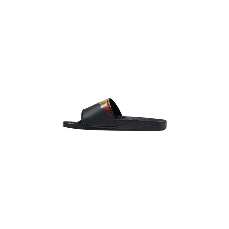 County of Milan men black synthetic rubber slide sandal with vibrant flame graphic on the strap