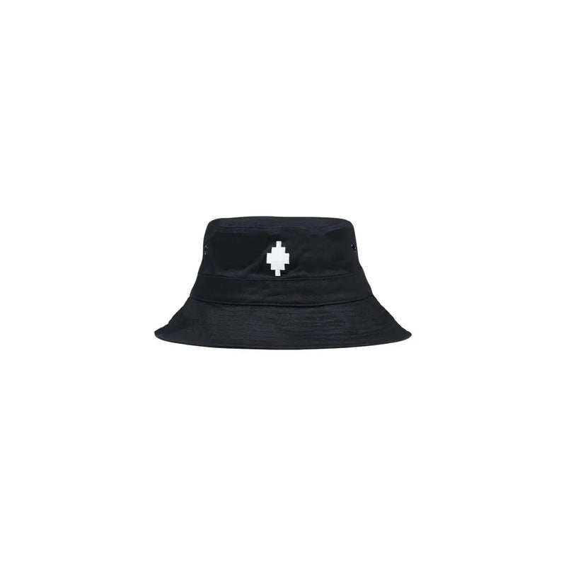 Black cotton bucket hat by county of milan featuring white pixelated cross logo for spring summer accessory