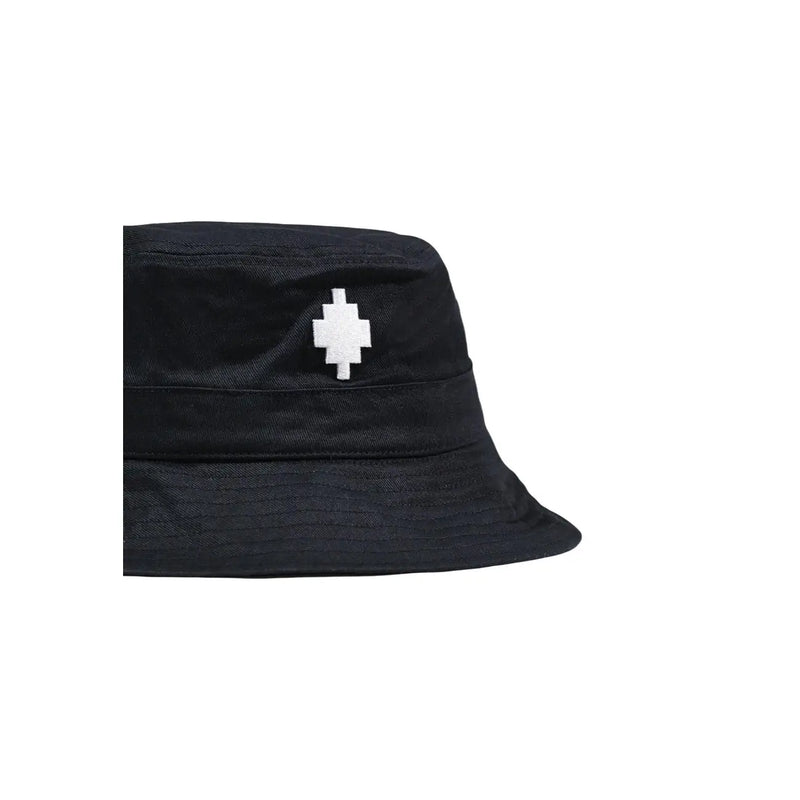 Black cotton bucket hat by county of milan featuring a white pixelated cross emblem spring summer accessory