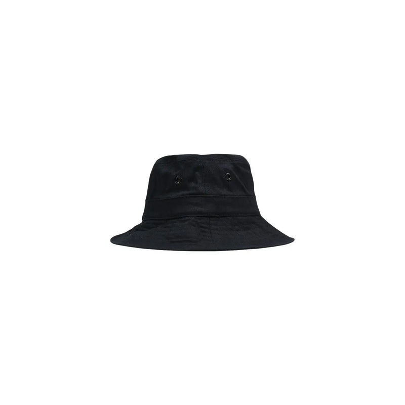 County of Milan men cap is a black cotton bucket hat with a wide brim and two small eyelets for spring summer accessory