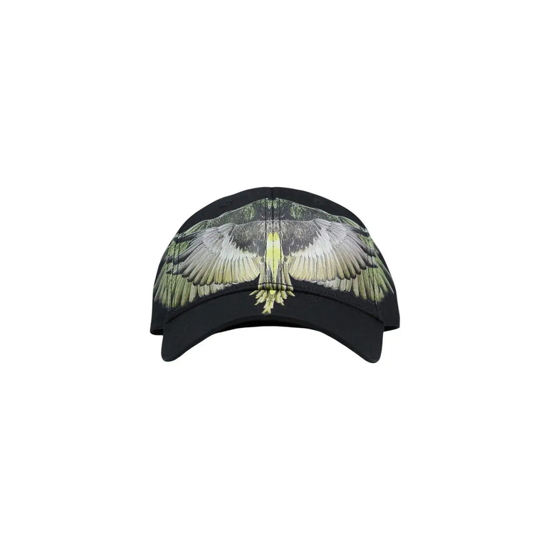 Black County of Milan men cap in cotton blend featuring detailed full-color eagle print with shades of gray white and yellow