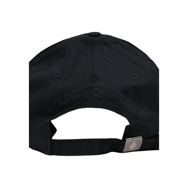 Black county of milan men cap in cotton blend showing embroidered text and silver metal clasp on adjustable strap back side