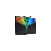County of Milan men faux leather clutch in black featuring a vibrant rainbow-colored wing print zip bag 30x20