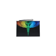 County of Milan men faux leather black clutch with rainbow wing design, zip closure, and wrist strap 30x20 cm