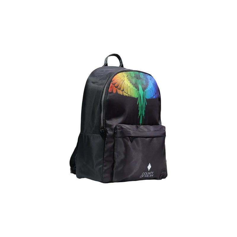 Black nylon County of Milan men rucksack with vibrant rainbow wing design and white branding on front panel