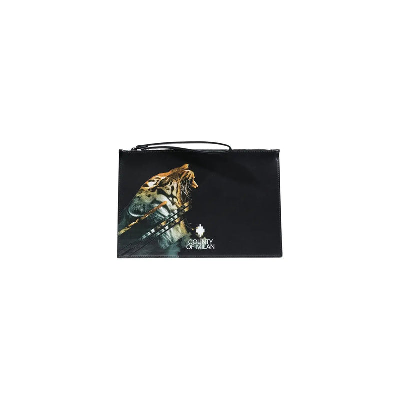 Black leather County of Milan men pouch bag with detailed tiger graphic and logo in faux leather 30x20 cm