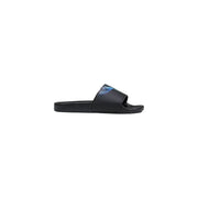 County of Milan men slippers black synthetic slide sandal with vibrant blue and purple wing graphic on the strap