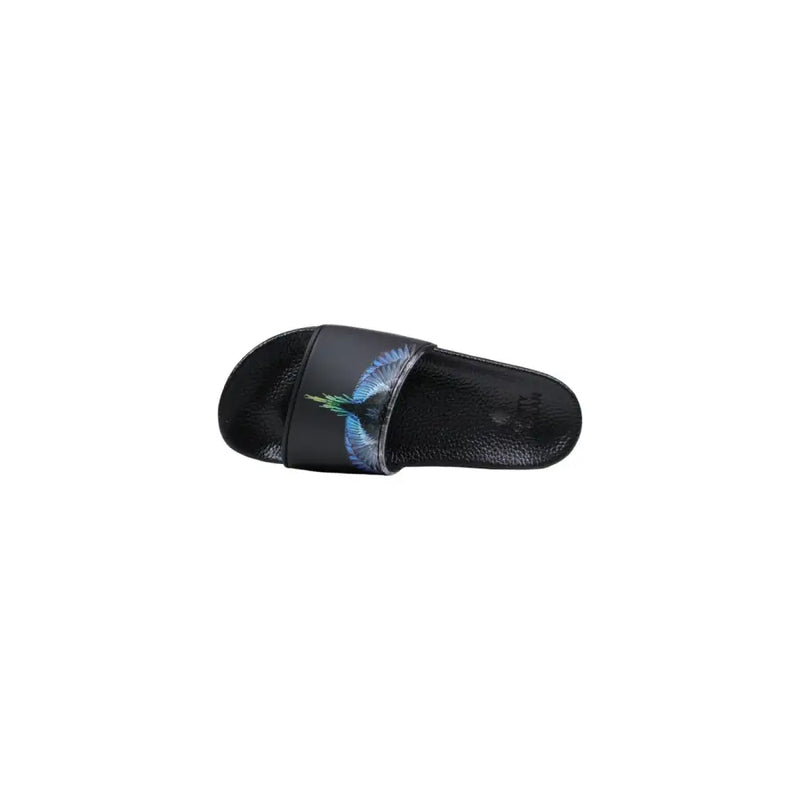 Black synthetic County of Milan men slippers with a vibrant blue and green feather print on the strap
