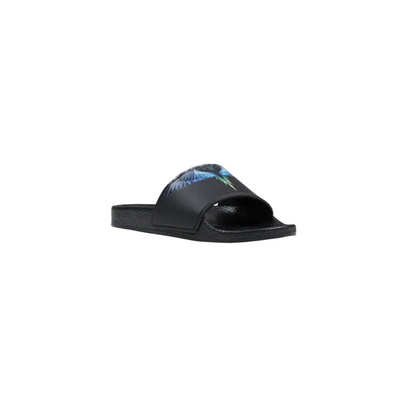 County of Milan men black synthetic slide sandal with vibrant iridescent wing graphic on the strap