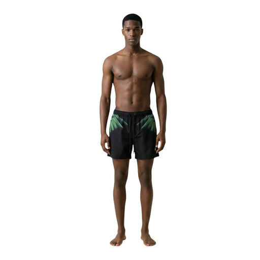 County of Milan men swimwear black polyester shorts with vibrant green palm leaf print on the sides