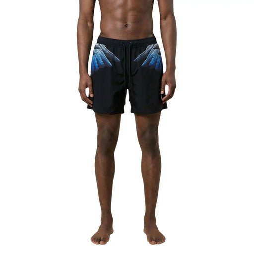 County of Milan men swimwear black polyester shorts with striking blue and white wing graphic on the sides