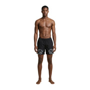County of Milan men swimwear black polyester shorts with bold white and gray snake print on lower legs front view