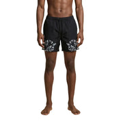 Black swim trunks by County Of Milan featuring a bold white snake pattern on the lower legs for men swimwear