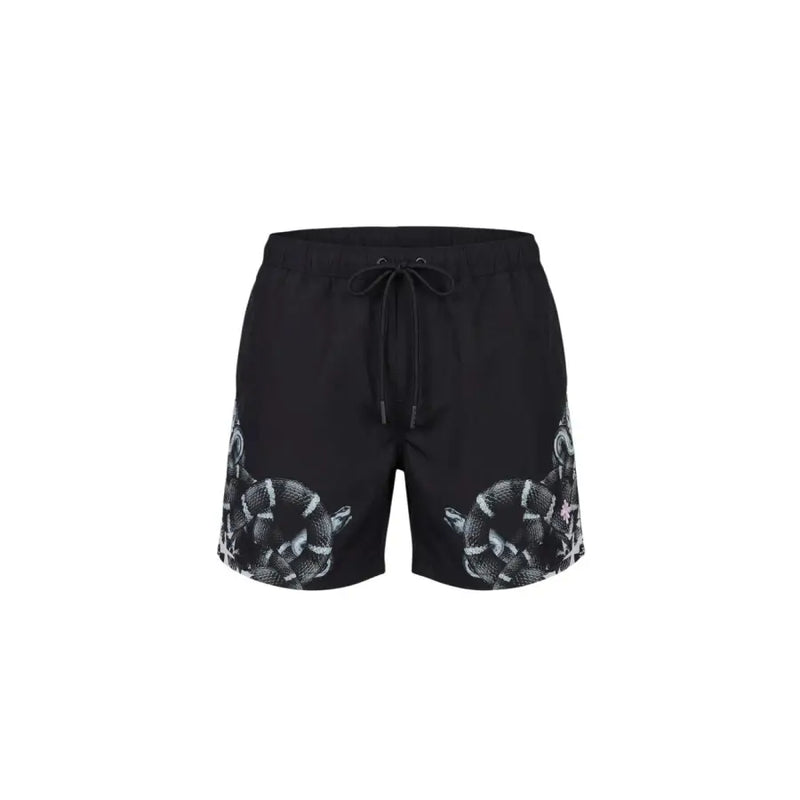 County of Milan men swimwear black swim trunks with bold white and gray snake print on the sides