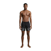 Black swim trunks by County of Milan featuring bold white and gray snake print on lower legs for men swimwear
