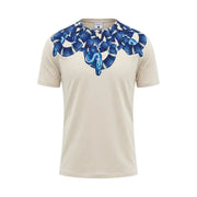 T-shirt homme en coton beige County of Milan, col rond et motif serpent bleu et blanc audacieux sur les épaules