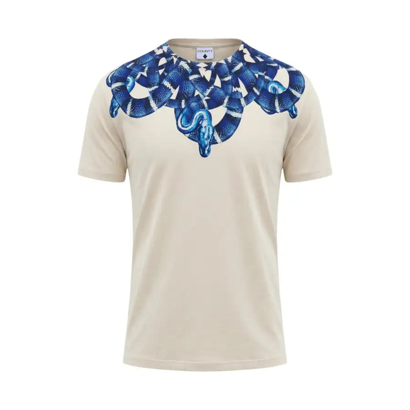 T-shirt homme en coton beige County of Milan, col rond et motif serpent bleu et blanc audacieux sur les épaules