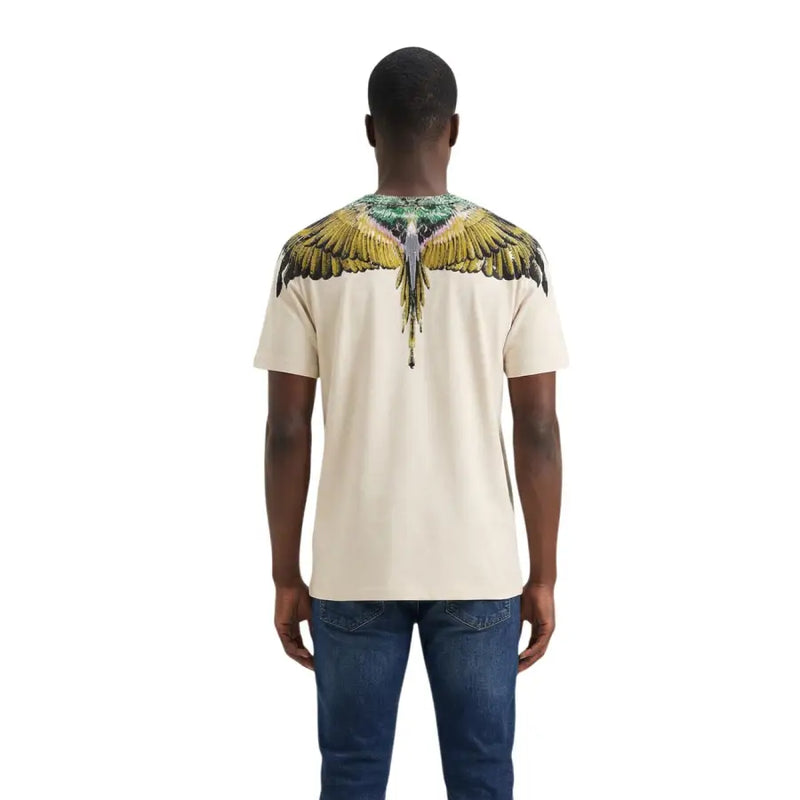 Beige Baumwolle, Landkreis Mailand, Männer t-shirt Rundhalsausschnitt mit leuchtend gelbgrüner und schwarzer Flügelgrafik auf dem Rücken
