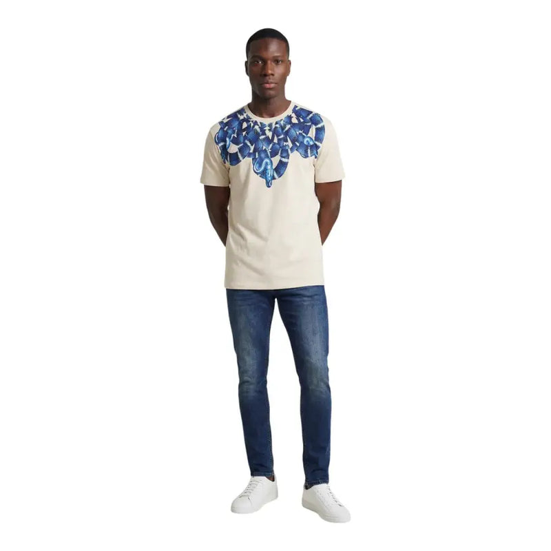 T-shirt homme County of Milan beige en coton, manches courtes, avec un motif ailé bleu vif sur la poitrine, col rond, taille S