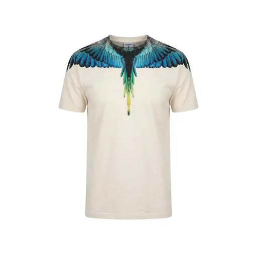 Cremefarbenes Baumwoll-T-Shirt für Herren mit kurzem Ärmel und einem auffälligen blau-grün-gelben Flügelmotiv aus der Grafschaft Mailand.