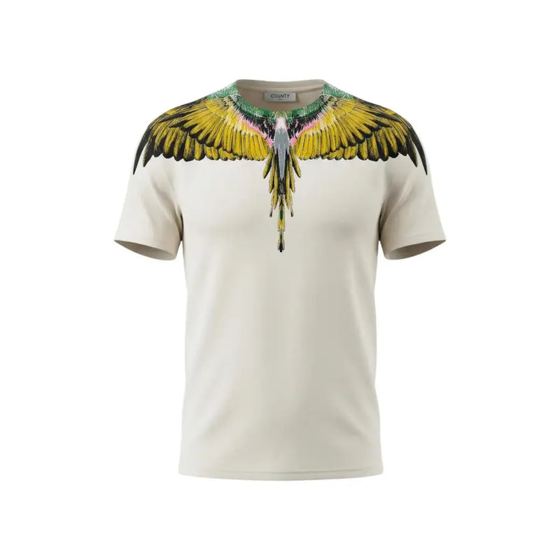 Cremefarbene Baumwoll-Herrenbekleidung aus der Grafschaft Mailand t-shirt mit Rundhalsausschnitt und leuchtend gelbgrün-schwarzer Flügelgrafik auf der Vorderseite