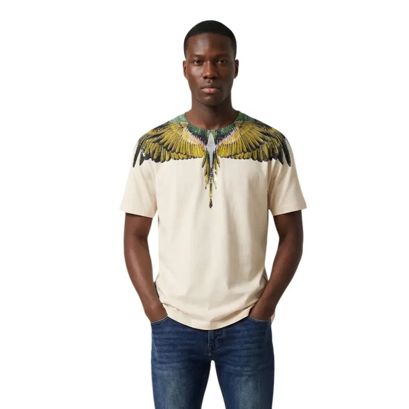 Cremefarbenes, kurzärmeliges Baumwoll-Herrenhemd der Marke County of Milan t-shirt mit farbenfroher Flügelgrafik auf Schultern und Brust