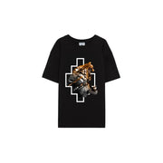 T-shirt homme Comté de Milan, noir en coton, col rond, imprimé tigre et loup à l'intérieur, motif croix géométrique blanche