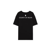 Vue arrière du t-shirt homme County of Milan, noir en coton, col rond, imprimé blanc et logo en forme de losange