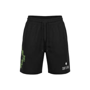 County Of Milan shorts for men in black with green pixelated cross and white logo, front view